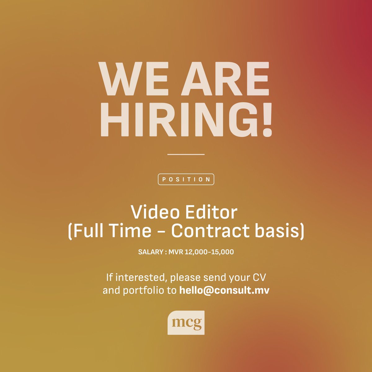 If you have a keen eye for detail and can craft videos that leave a lasting impact, apply today and let your editing skills shine.

For details: jobsicle.mv/job/12670