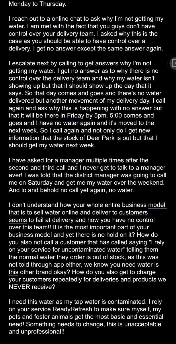 TheEmberFoxx's tweet image. @ReadyRefresh @DeerParkWtr 

#ReadyRefresh I hope you read this. People are relying on you for clean drinking #water, a NEED! Your company is failing customers!

Deer Park you might want to rethink your business partner!

Anyone thinking about getting this service, DON&apos;T!