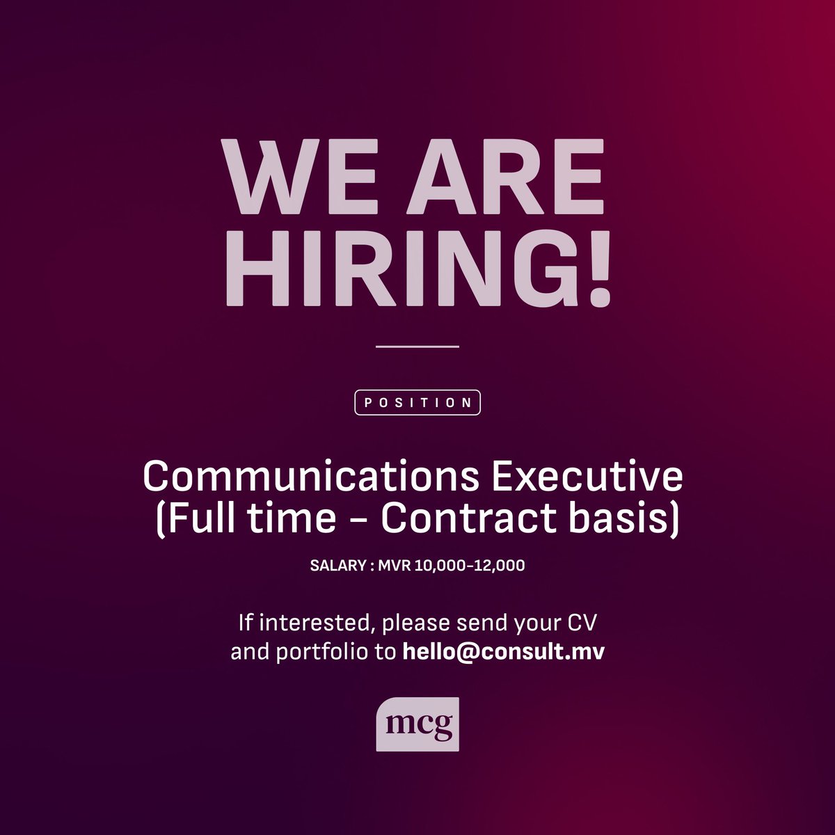 Make your mark in shaping impactful messaging. Apply now! 

For details: jobsicle.mv/job/12666