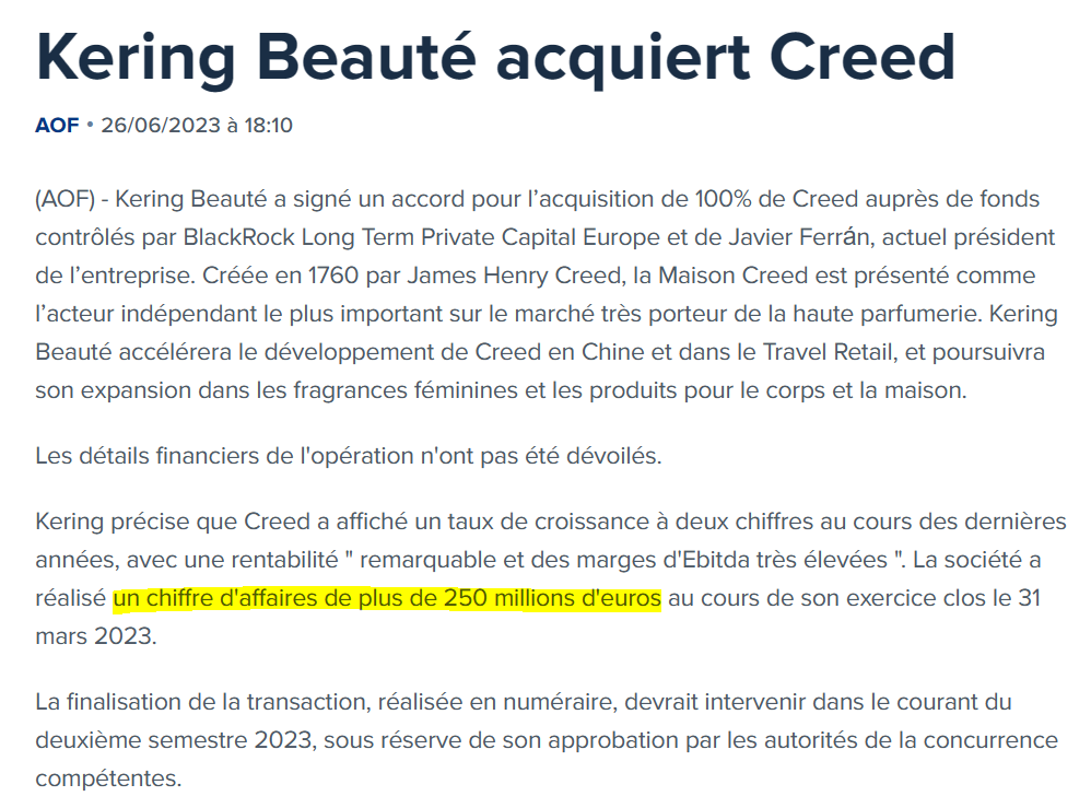 vonEverecO's tweet image. Creed est une belle acquisition pour Kering, mais à 3.5 Mds, elle parait TRÈS chère payée. 
3.5 Mds pour 250 ME de CA, c&apos;est 14x le CA !
A titre de comparaison, Interparfums, considérée comme chère, se paye &apos;seulement&apos; 5.5x son CA et affiche une marge nette à 15%.
