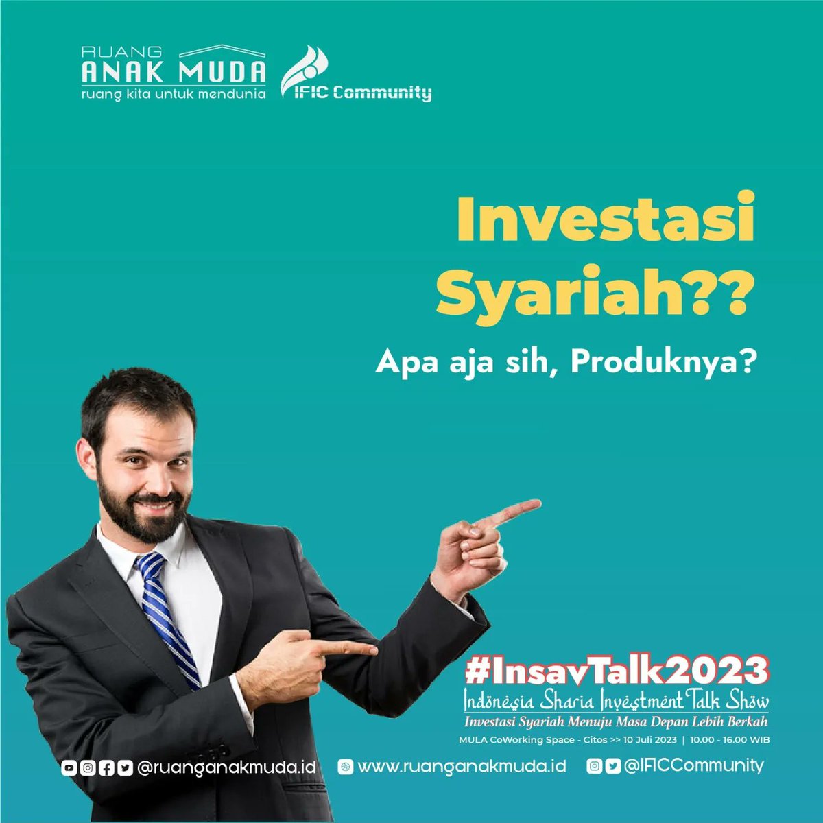 IFICCommunity's tweet photo. Hi Anak Muda Indonesia, 
Kamu udah mulai investasi belum? Atau mau mulai investasi tapi bingung? Nih kita kasi tau beberapa investasi syariah. Mau belajar lebih dalam soal reksa dana dan saham syariah? Yuk kita belajar bareng di INSAV Talk 2023, Senin, 10 Juli 2023 https://t.co/B6db46pSgr