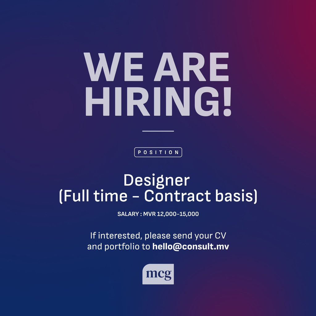 Bring innovative ideas to life! Apply now and help us craft captivating visuals.

For details: jobsicle.mv/job/12668