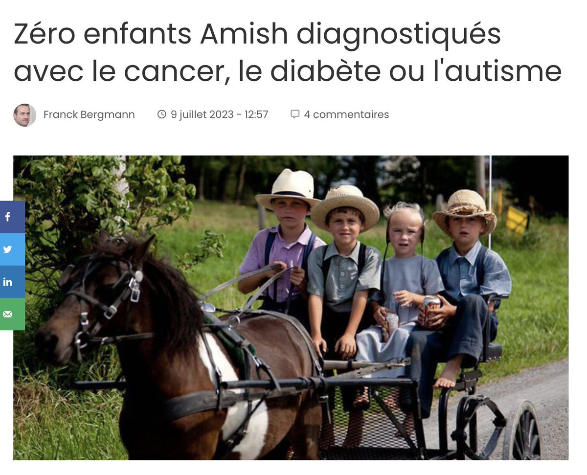 silvano_trotta's tweet photo. Quelle est la probabilité que sur une population de 400.000 habitants, il n'y ait aucun enfant Amish diagnostiqué avec des maladies chroniques qui affectent le reste de l'Amérique ? Ils ne prennent aucun vaccin... https://t.co/FGQuj7TAyf https://t.co/oytj031aoT