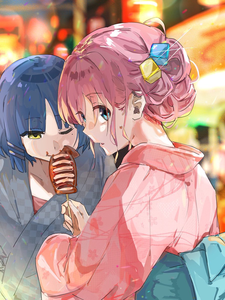 gotou hitori multiple girls 2girls japanese clothes kimono hair ornament pink hair blue hair  illustration images