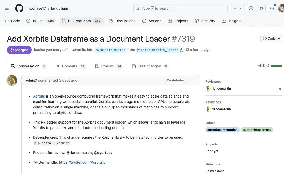 Xinference_ai's tweet photo. Xorbits is now a part of the @langchain Document loaders!

Kudos to @RLanceMartin for merging our PR today. The pace of progress in the community is truly astounding! 🚀🚀🚀

With #Xorbits, loading and preprocessing larger datasets for your llm pipeline is a breeze. https://t.co/aVDn7thSyw