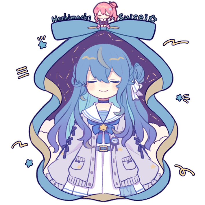 hoshimachi suisei blue hair closed eyes chibi cardigan smile pink hair star (symbol)  illustration images