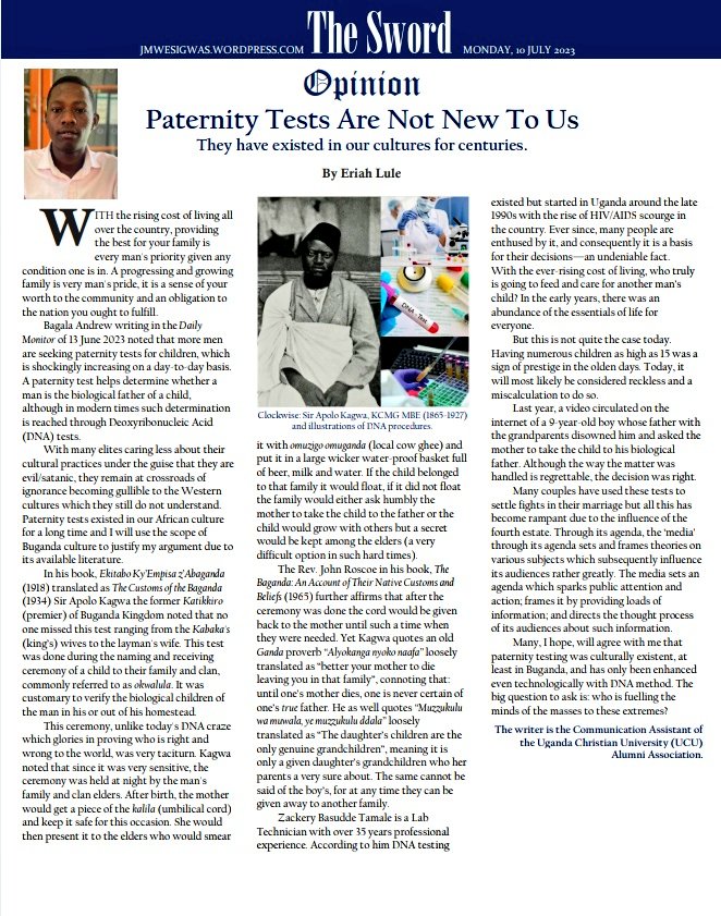 thesword_08's tweet photo. In arguing for #paternitytests, @LuleEriah challenges Ugandan elites arguing against #DNA tests to care more "about their cultural practices [often regarded as] evil/satanic [and not] remain gullible to the Western cultures which they still do not understand."

1/2 https://t.co/9Rfkr1kRSe