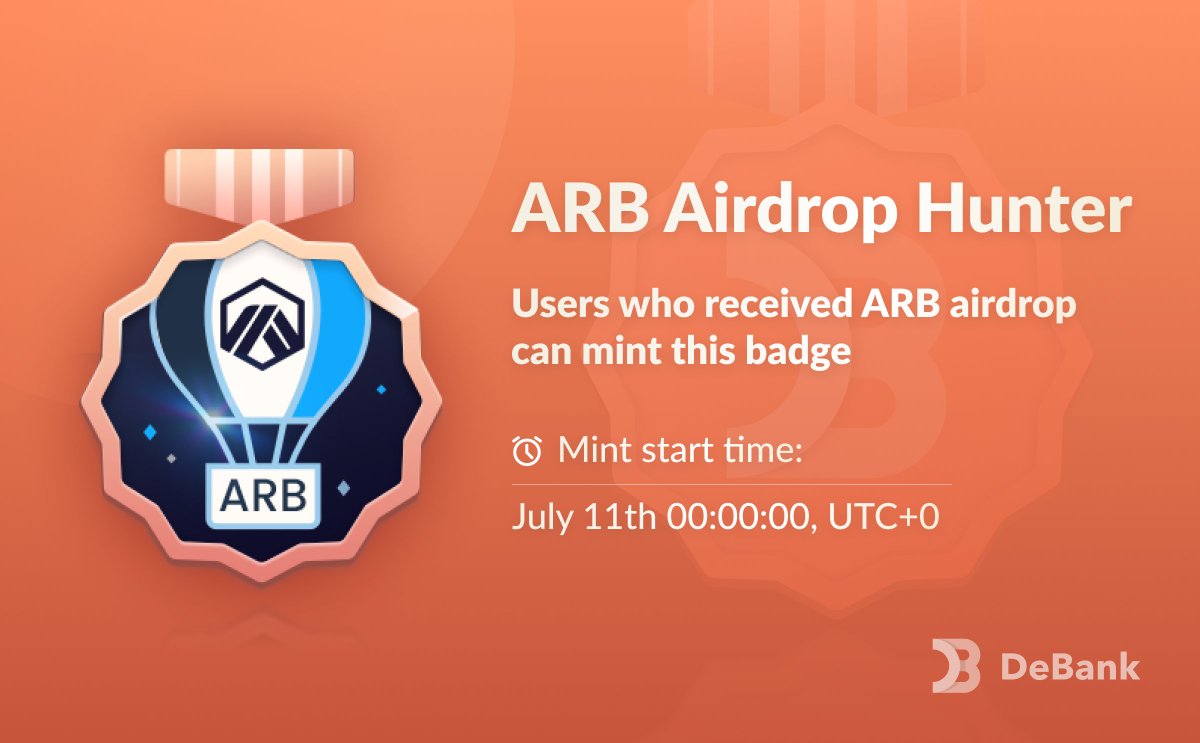 New Web3 Badge is here!

ARB Airdrop Hunter: Users who received the ARB airdrop can mint this badge.

Mint start time: 11th-July 0:00:00 (UTC+0)
Don't forget to claim your badge on DeBank!
debank.com/badge/7