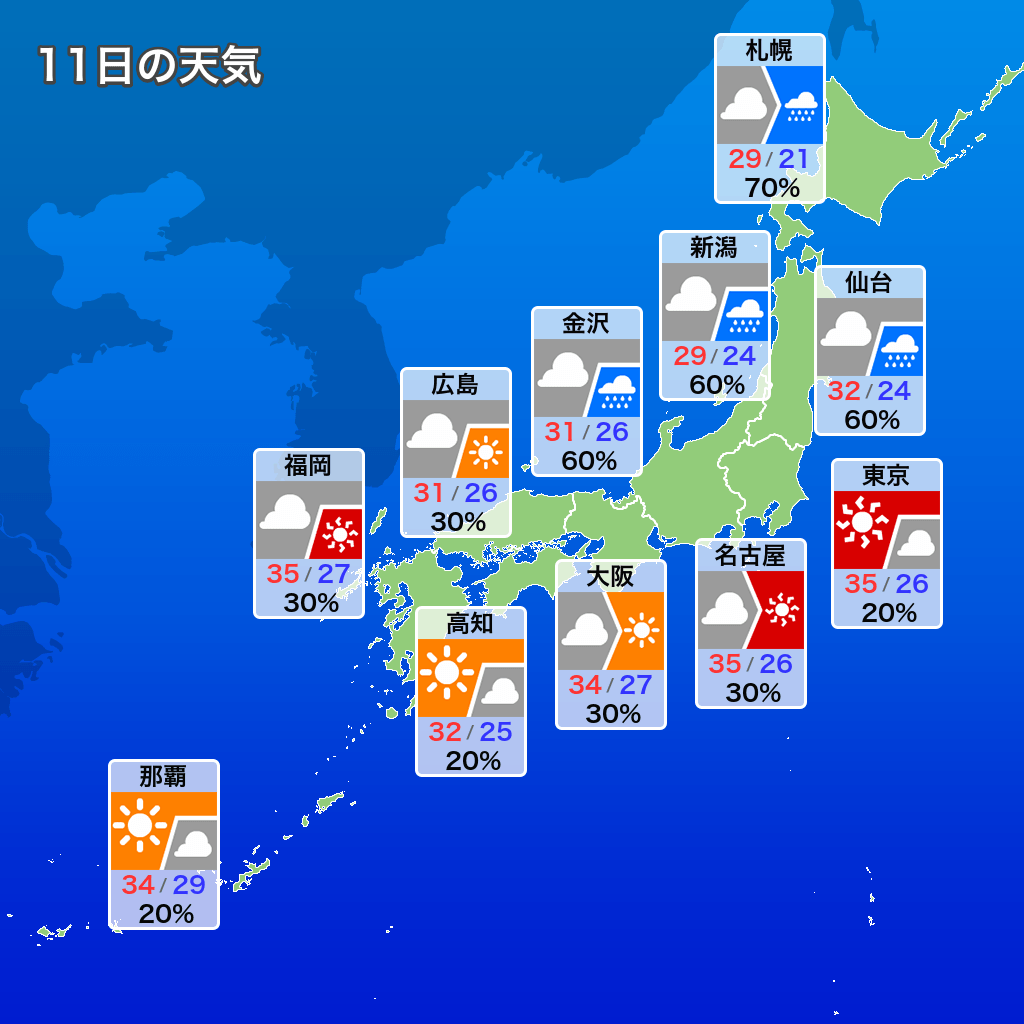 weather_ufbot's tweet photo. 明日7月11日の天気情報です。 https://t.co/dsgVsK0GCE