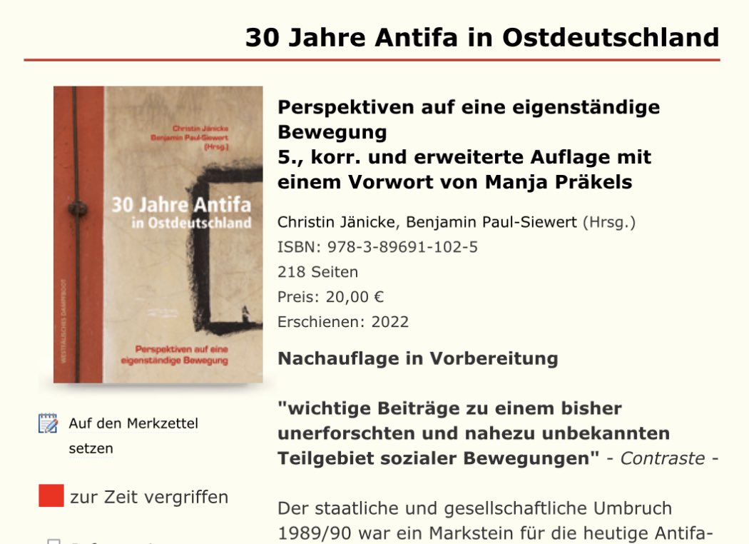 Endlich auch mal gute Nachrichten: #Antifa in #Ostdeutschland erfreut sich hoher Nachfrage und ist erneut vergriffen. Die nächste Auflage wird gedruckt! #AntifaOst