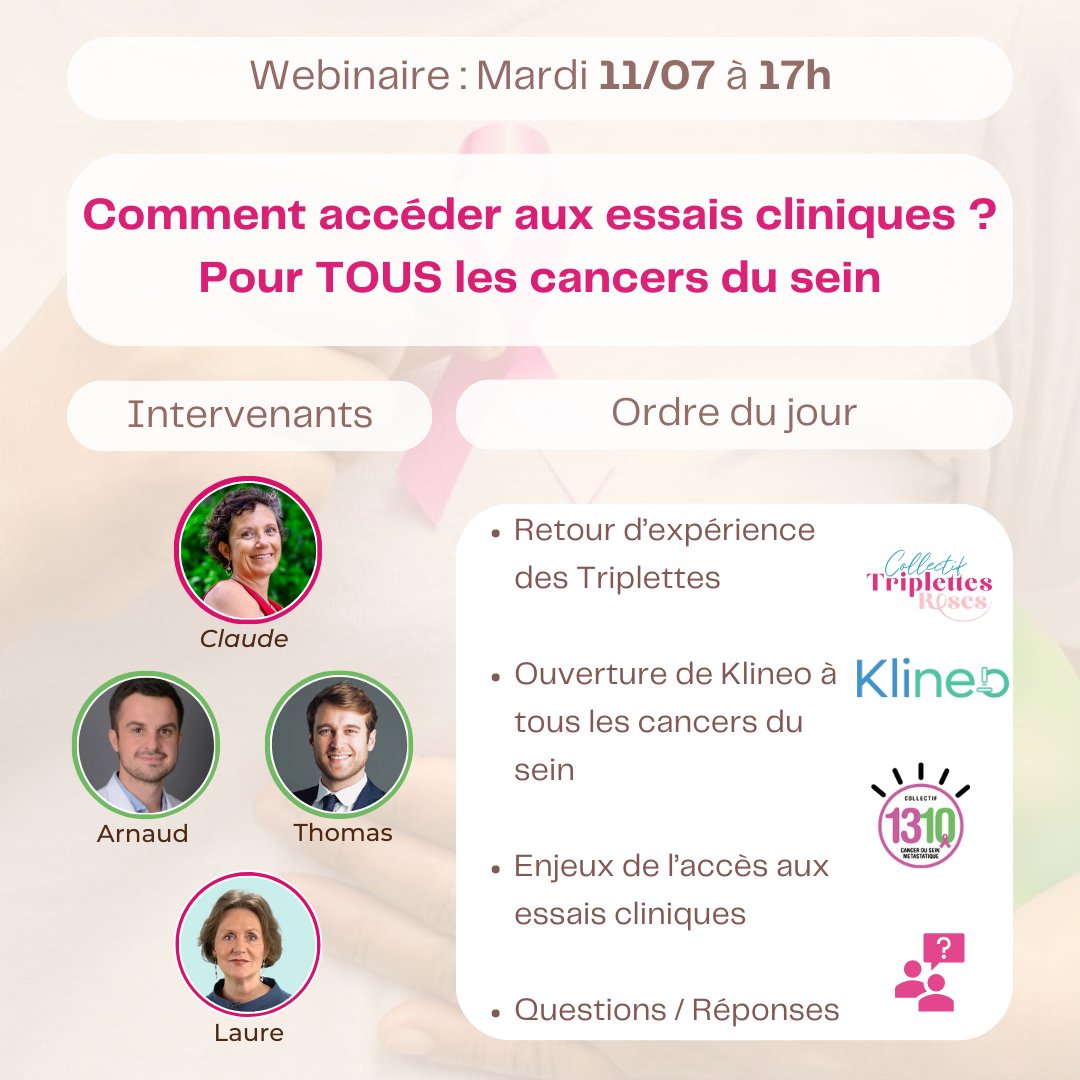 ✅ Vite, INSCRIVEZ-VOUS ICI :  zoom.us/webinar/regist…
Notre webinaire aura lieu mardi 11 juillet à 17h.
💡 Nous vous dirons comment rechercher un essai clinique pour toute personne atteinte d’un cancer du sein !
Nous comptons déjà 2️⃣ 0️⃣ 0️⃣ inscrits. Serez-vous avec nous ❓