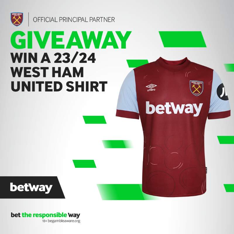 betway's tweet photo. ⚒️ 𝗪𝗘𝗦𝗧 𝗛𝗔𝗠 𝗨𝗡𝗜𝗧𝗘𝗗 𝗚𝗜𝗩𝗘𝗔𝗪𝗔𝗬 ⚒️

We're giving you the chance to win the brand new 2023/24 @WestHam Home Shirt! 

For a chance to win: 
🖱️ Follow us @Betway
🔃 Retweet this tweet 

Full terms can be found here 👇