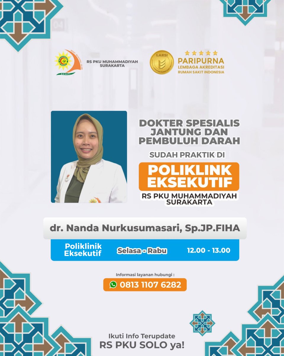 rspkusolo's tweet photo. Selasa, 11 Juli 2023 dokter spesialis jantung dan pembuluh darah sudah mulai praktek di Poliklinik Eksekutif RS PKU SOLO hlo

🗓️ Selasa - Rabu
⏰ 12.00 - 13.00 WIB

Catat jadwalnya ya!

POLIKLINIK EKSEKUTIF RS PKU SOLO nyaman dan berkualitas 🤩

#dokterjantung #dokterjantungsolo https://t.co/j3GwVAGotX