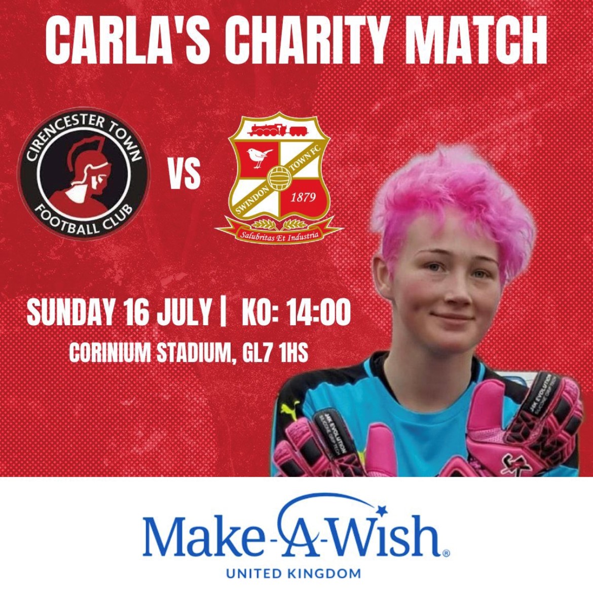 CirenTownFC's tweet photo. Not long until we celebrate Carla with our charity game at the Corinium Stadium on Sunday 16th July - 2pm KO 

@TownCirencester V @SwindonTownWFC 

Come along, support a great cause &amp; help raise lots of money for @MakeAWishUK  #football #charity #mentalhealth #MentalHealthMatters https://t.co/6W0EtwQOBN