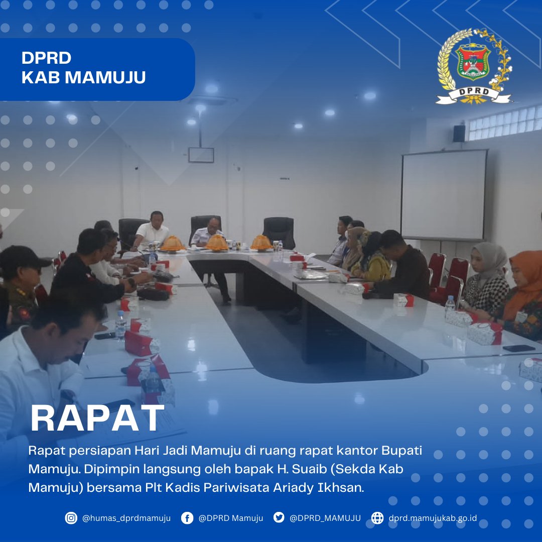 Mamuju, 05 Juli 2023
Hari jadi mamuju akan kembali diperingati 14 Juli 2023, memastikan kegiatan tersebut dapat berjalan dengan baik, Sekretaris daerah H. Suaib memimpin rapat persiapan hari jadi mamuju di ruang rapat kantor bupati.