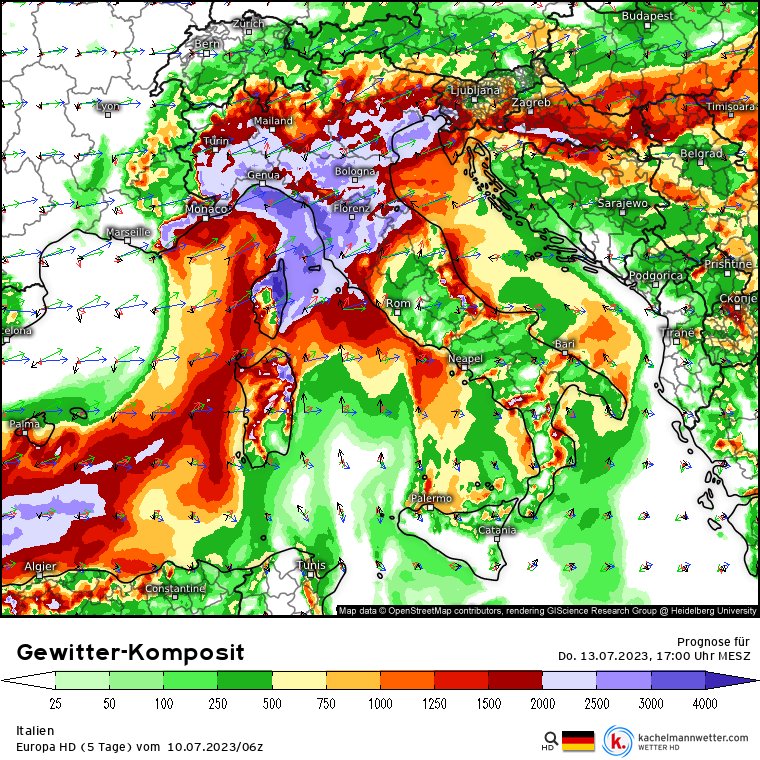 Neben dem Dienstag sollte auch der Donnerstag im Auge behalten werden, da sich in Norditalien die bislang schwerste Unwetterlage des Jahres andeutet durch eine nahezu perfekte Überlappung von sehr viel CAPE und starker Scherung (Tornados+Großhagel möglich)