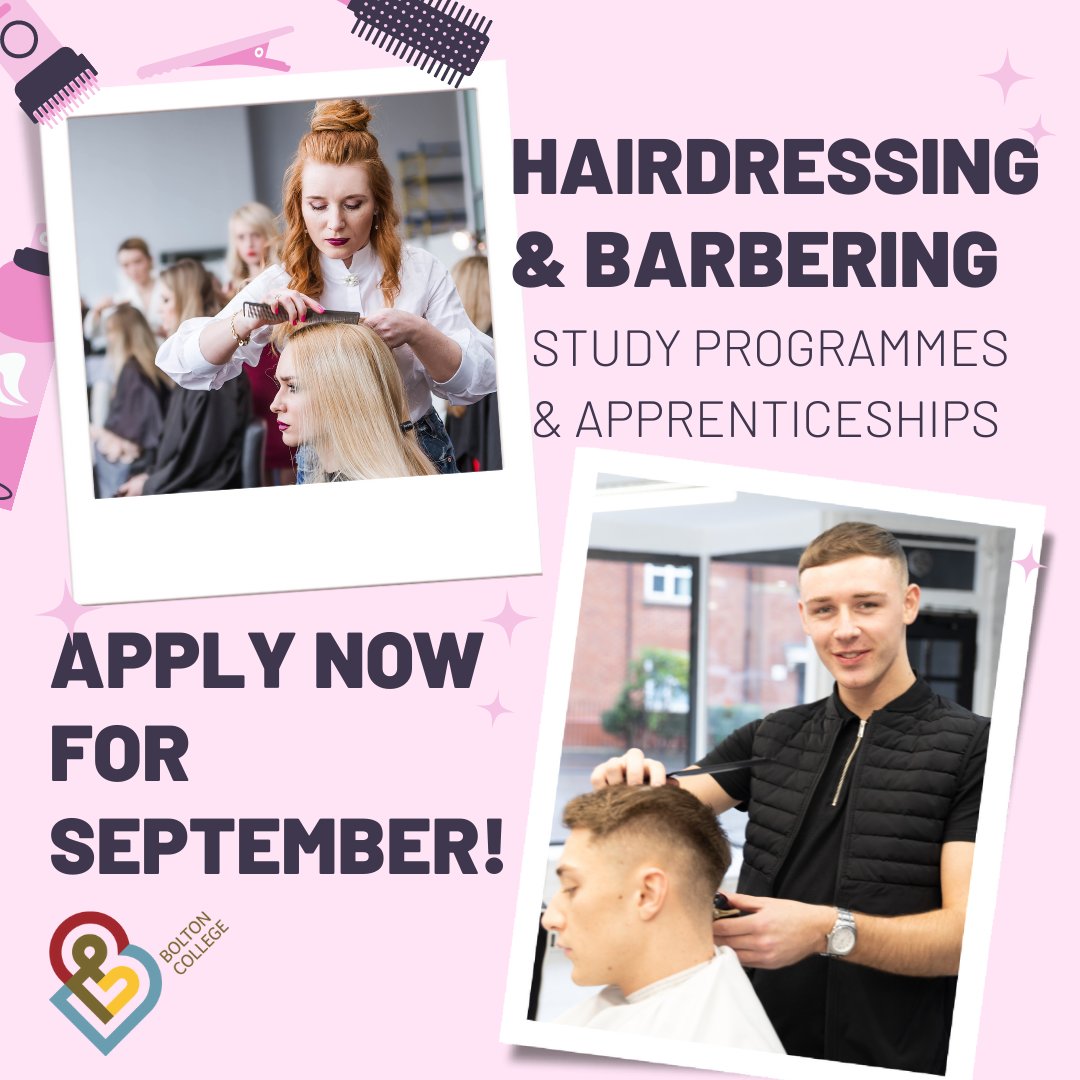 Attention school leavers! Discover a thrilling career path this September with our #Hairdressing or #Barbering #StudyProgramme or #Apprenticeship ✂️ Unleash creativity, develop skills, and grow professionally - apply now at boltoncollege.ac.uk #JoinTheHairRevolution