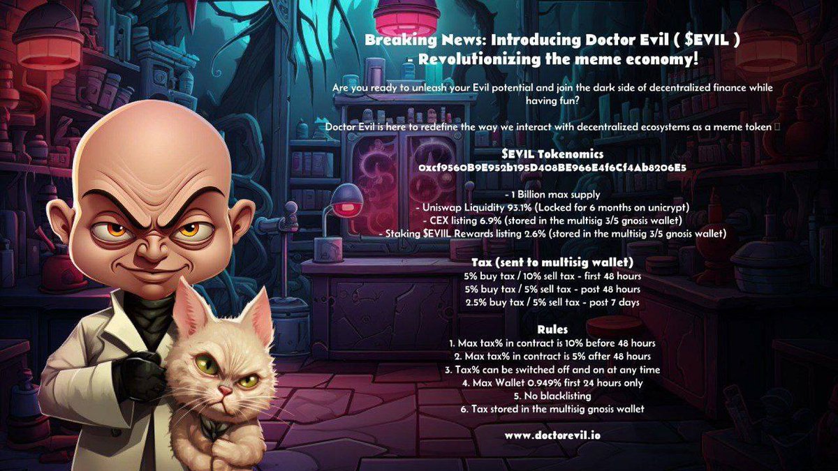 Catgirl92040139's tweet photo. Invest in Doctor Evil Token and make your portfolio as notorious as a supervillain's lair!"
Please Dyor
#DoctorEvil 
#DoctorEvilToken 
#Evil 
#EvilToken 

Tg : https://t.co/A8Q9K5hlp3
Web : https://t.co/rBLYFogvWh
Tw : https://t.co/xh9CPM0Mtd, https://t.co/TOAxTfHGTl