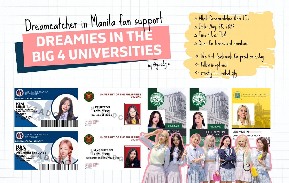 yzadgrc's tweet photo. ｡･ﾟﾟ･ Dreamies in the Big 4 Universities ･ﾟﾟ･｡
— a Dreamcatcher in Manila fan support
— PH University IDs

✧ like &amp; rt, bookmark for proof on d-day
✧ open for trades and donations (dm!)
✧ check photo for more deets

#DREAMCATCHERinMNL https://t.co/FyhoSifHKr