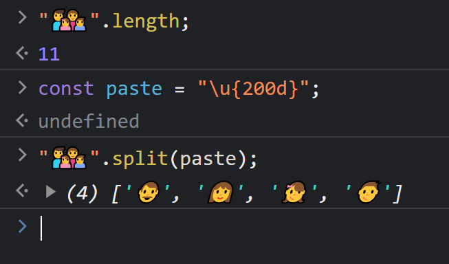 Manz's tweet photo. 📒 ¿Cuándo te enteraste por primera vez de que esto se puede hacer en Javascript?

✨ Los emojis se forman por varios "carácteres"
✨ El carácter `\u{200d}` es como un "pegamento"
✨ Ciertos emojis son la unión de varios

🧵Más ejemplos en el siguiente tweet... https://t.co/kpFI0WWkO8