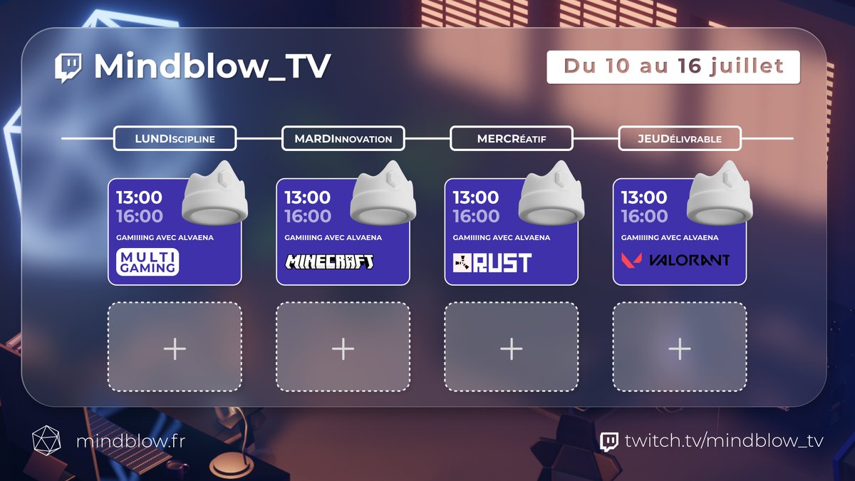 LEEEE PLANNIIIIIIING DE STREAM DE LA SEMAAAAAAAAAINE EST PRÊT ! 👩‍🍳🍕

C'est tout chaud, ça sort du four, <a href="/Alvaenapro/">Danaë</a> continue sur sa lancée 🥳

Lundi 13h - Multigaming
Mardi 13h - Minecraft
Mercredi 13h - Rust
Jeudi 13h - Valorant

📺 twitch.tv/mindblow_tv