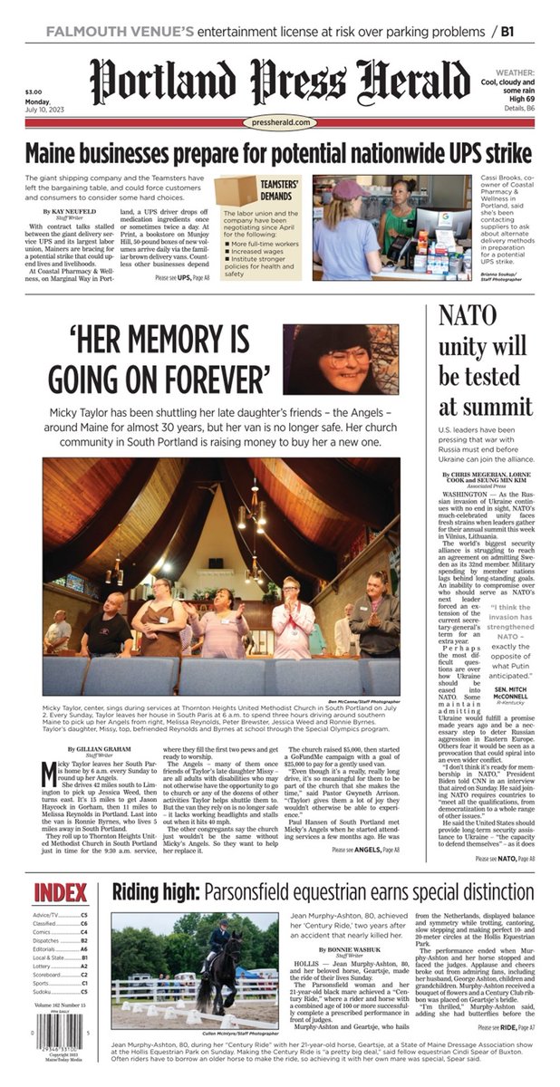 Today's Press Herald front page, Monday, July 10, 2023 pressherald.com  pressherald.com/ePaper