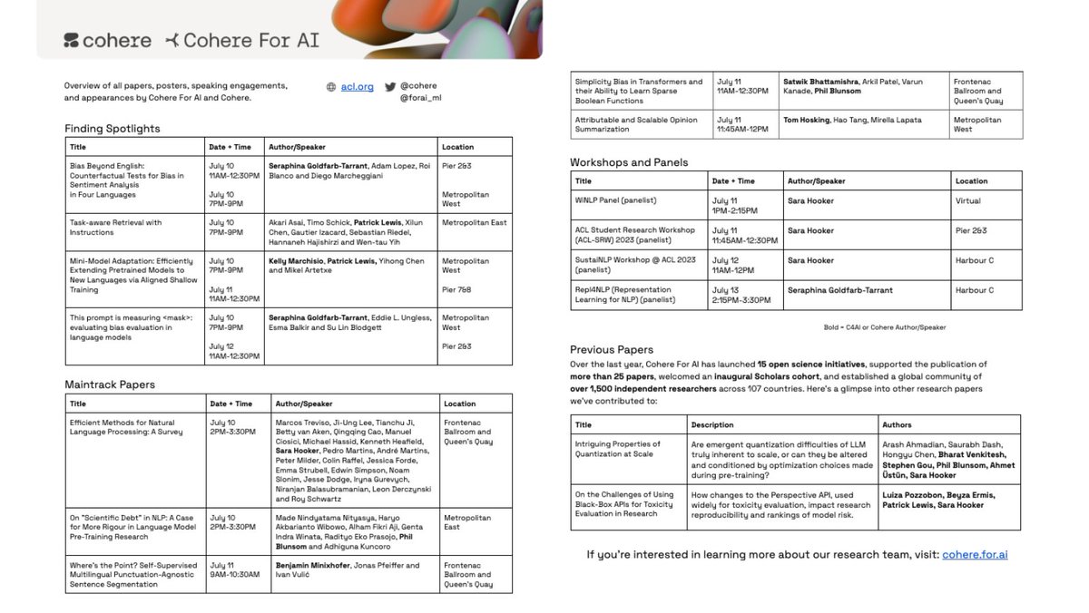 We are excited to gather in Toronto (home of Cohere’s HQ 🎉) for <a href="/aclmeeting/">ACL 2026</a>. We’ll be showcasing our latest research, presenting on panels, &amp; connecting with our community. Here’s where you can find our team during the conference, &amp; visit our booth by registration to say hello!