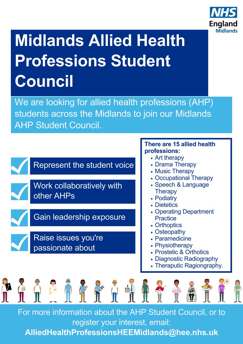 We are looking for AHP students across the Midlands to join our AHP student council. Council members represent student voice on issues, challenges and successes relating to education. For more information head to our website orlo.uk/8EK4u @MidlandsAhps @AHP_studentMids