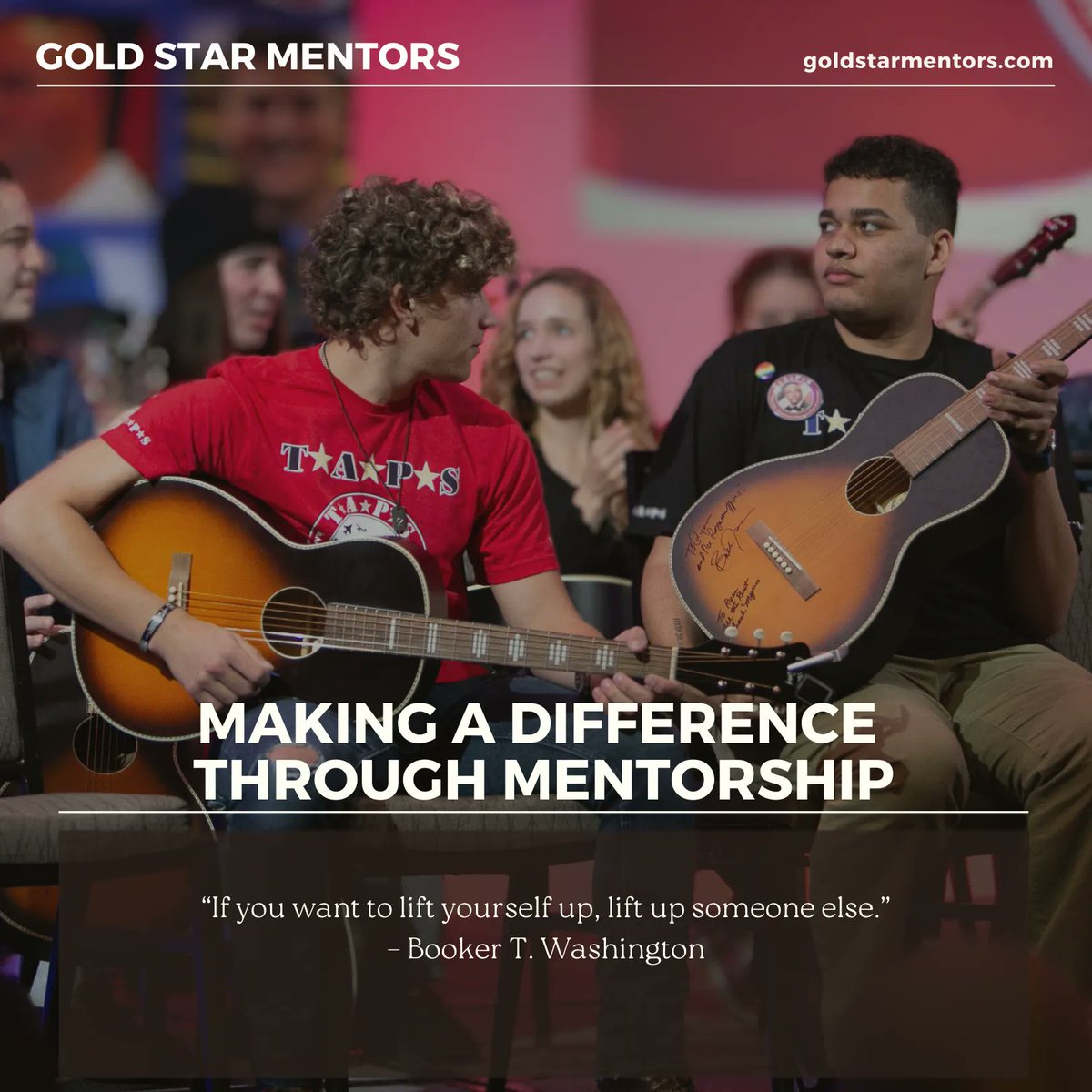 MAKING A DIFFERENCE THROUGH MENTORSHIP.
“If you want to lift yourself up, lift up someone else.” – Booker T. Washington

#goldstarmentors
#goldstarfamilies
#changinglives
#oneguitaratatime
#guitargiveaway