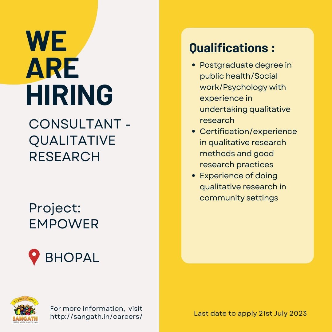 We are looking for a short-term consultant for two months to work with our EMPOWER project team on qualitative data collection and analysis. 
More details: drive.google.com/file/d/1wdLp0n…
<a href="/SangathBhopal/">Sangath Bhopal Hub</a> <a href="/SangathIndia/">Sangath</a>