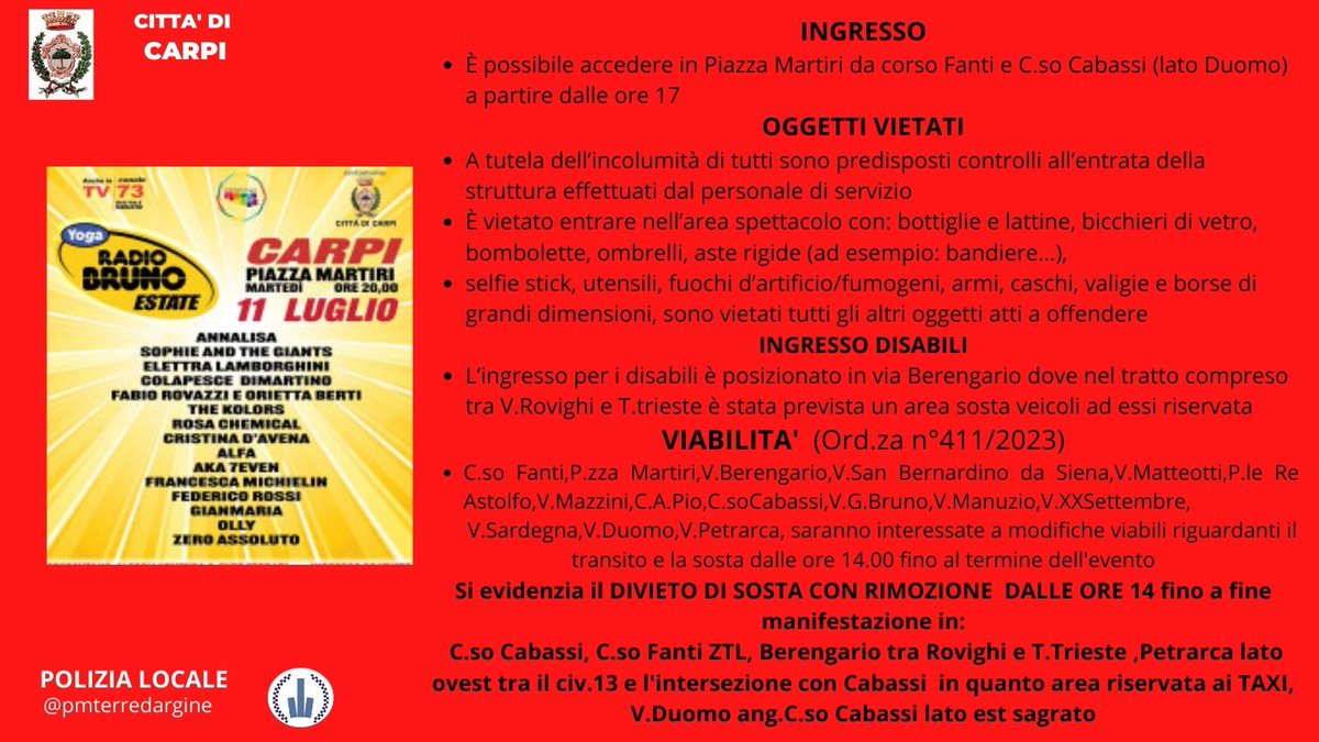 #PLTerredargine  #PLinforma #Eventi domani a #Carpi in P.zza Martiri RADIO BRUNO ESTATE 🎼🎸🎷🎤dalle ore 20.00
Per info:👉tinyurl.com/mryvw2ux
Prestare attenzione↘️