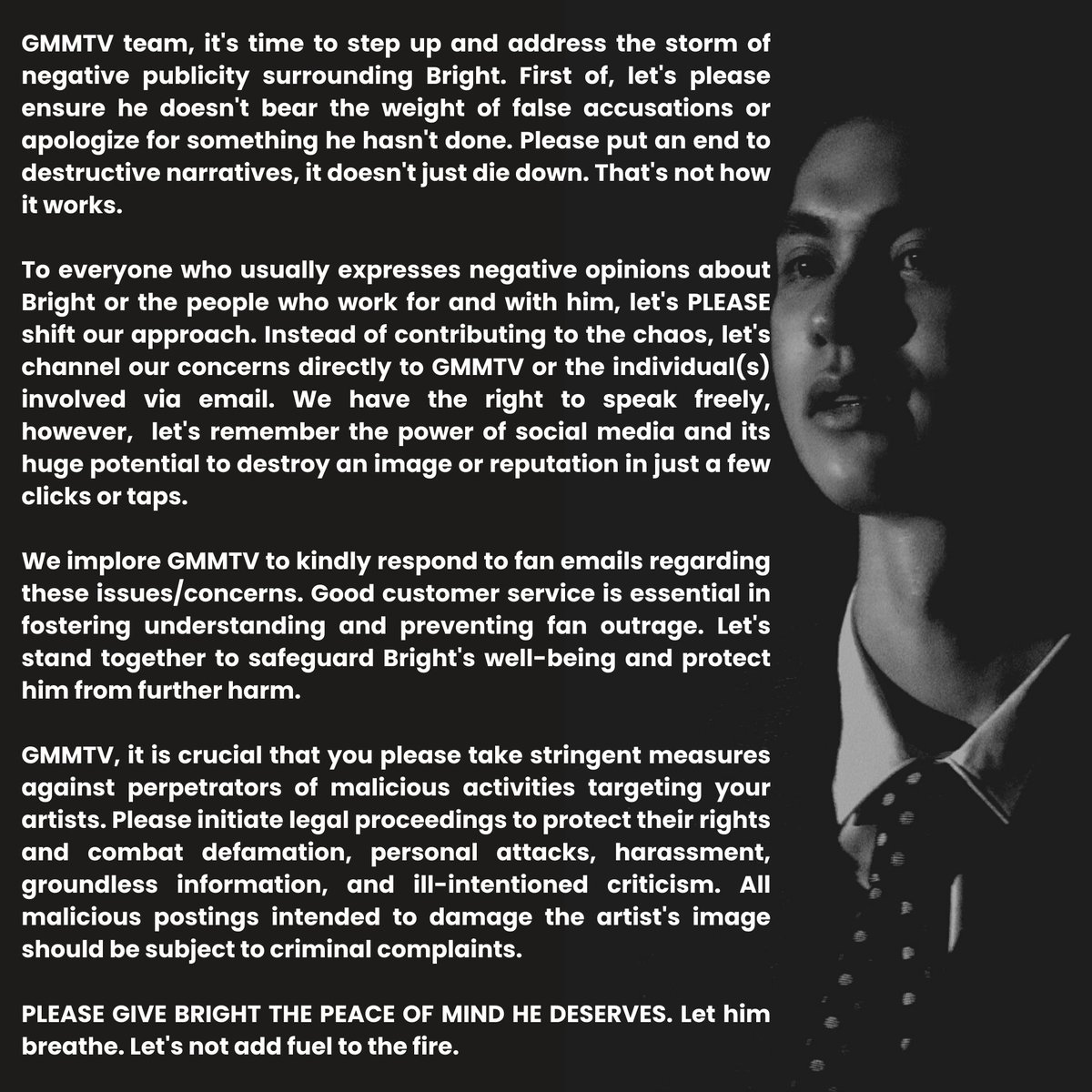 mhaydvalenzuela's tweet photo. #WeStandWithBright and are eager to see @GMMTV take action against this detrimental wave of negativity.🙏
#ProtectBright
#GMMTVTakeAction
#TweetResponsibly https://t.co/pFZ71ti58O