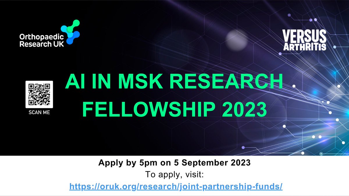 Orthopaedic Research UK (@or_uk) on Twitter photo Applications are open for our joint <a href="/VersusArthritis/">Versus Arthritis</a> AI in MSK Research Fellowship 2023. We're funding up to £100,000 for projects aiming to develop AI solutions to improve MSK health outcomes.
To find out more, visit: bit.ly/orukjpf
#InvestinginOurFutureMovement Applications are open for our joint <a href="/VersusArthritis/">Versus Arthritis</a> AI in MSK Research Fellowship 2023. We're funding up to £100,000 for projects aiming to develop AI solutions to improve MSK health outcomes.
To find out more, visit: bit.ly/orukjpf
#InvestinginOurFutureMovement