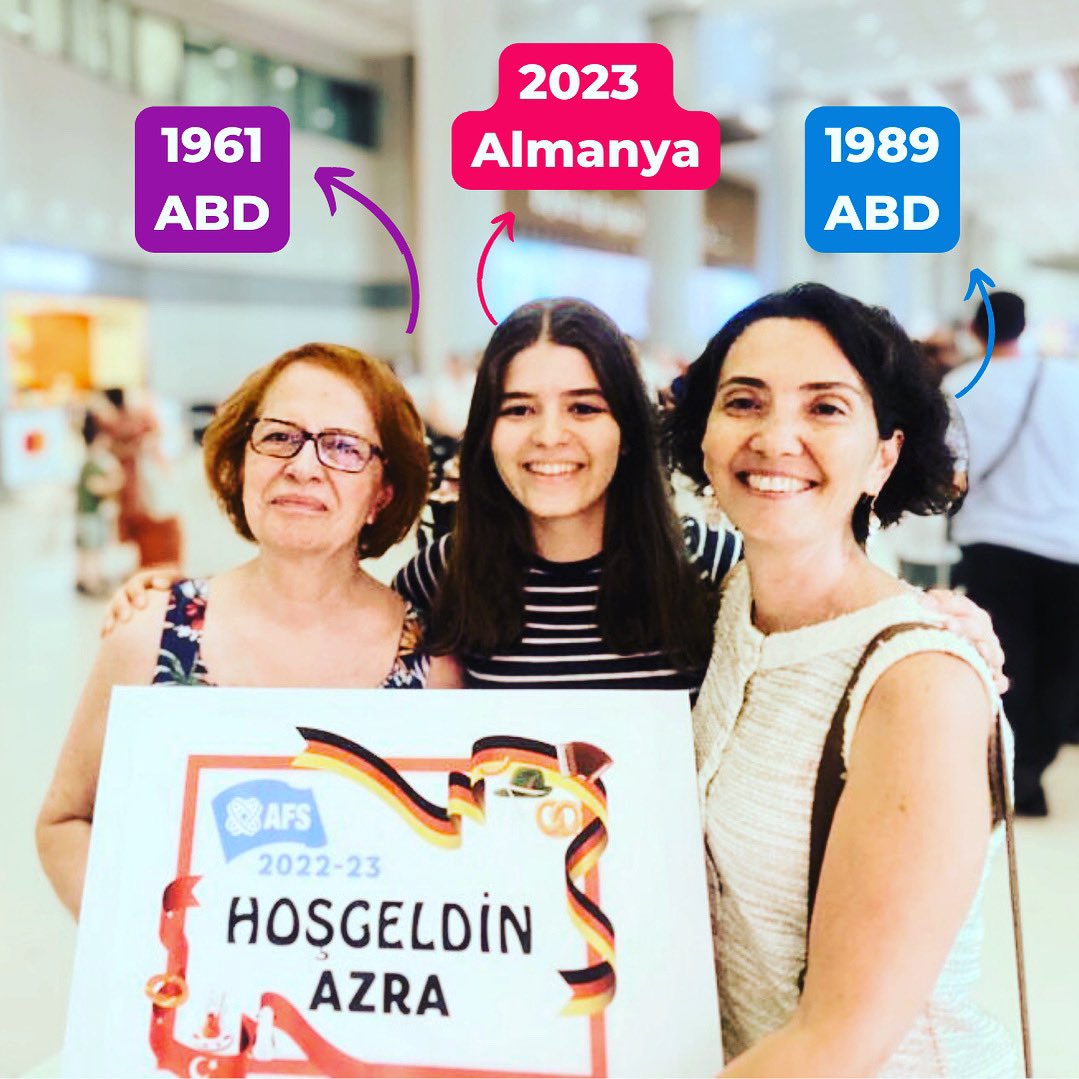 AFSTurkiye's tweet image. 🎉Onlar 3 kuşak AFS’li! 

🛬1961 AFS’li Gülderen Koçak’ın torunu ve 1989 AFS’li Tijen Ertuna Tarınç’ın kızı Azra, Almanya’daki AFS deneyimini tamamlayarak ülkemize döndü.

Artık aile buluşmalarında anlatılacak çok daha fazla AFS hikâyesi var. 🤗

#afseffect #afsprograms