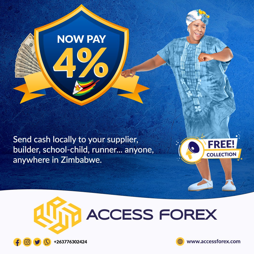 accessforex_com's tweet photo. Great News! We have slashed the price.
Pay 4% when you send money locally to anyone, anywhere in Zimbabwe. WhatsApp customer services for more information. #timetogetaccess https://t.co/4J50nkPLyX
