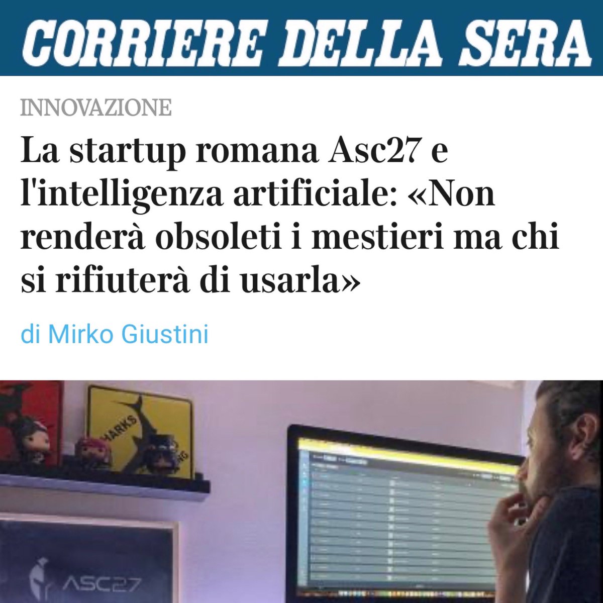 MirkoGiustini's tweet photo. 🧠 Da #Roma parte la sfida a #ChatGPT. La #startup #Asc27 vuole rivoluzionare comunicazione e #cybersecurity con l’intelligenza artificiale.
📰 Ne parlo con il Ceo Nicola #Grandis nella rubrica del @corriereroma #LazioEconomia in edicola oggi #10luglio solo con il @Corriere https://t.co/vaU9emGLqY