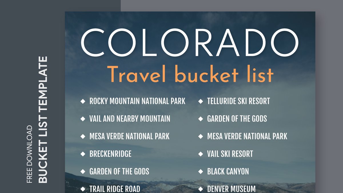 Colorado Travel Bucket List. Free Google Docs template. Can be used free of charge for business, education, and personal use. #bucketlist #bucketlistcolorado #bucketlistusa #colorado #coloradobucketlist #coloradotravel #googledoc #travel #usa

Get free →  gdoc.io/bucket-list-te…