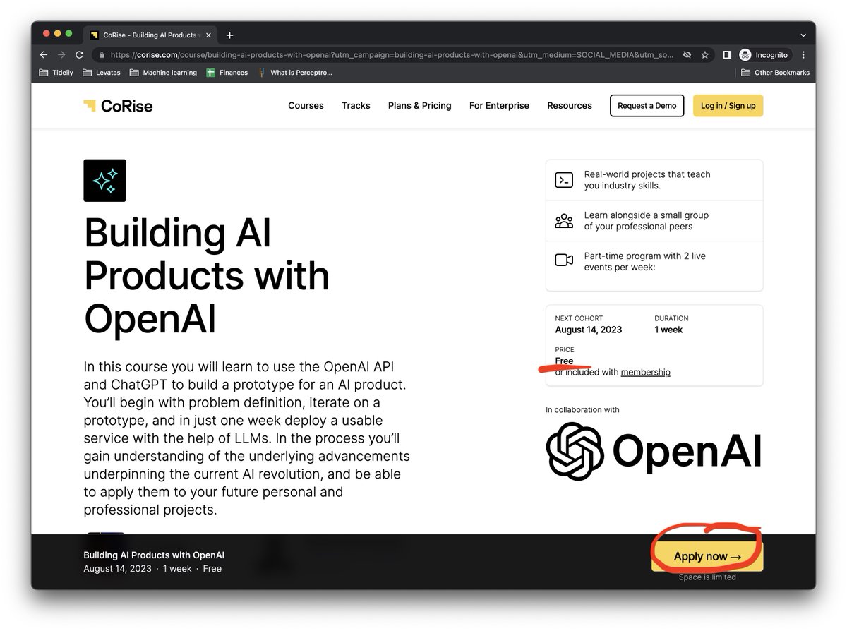 Here is a FREE, 1-week cohort starting in August, and you can enroll in it right now!

Building AI Products with OpenAI.

This cohort will teach you how to use OpenAI's API and ChatGPT to build an application from scratch.

The course starts on August 14. Use the link in the next