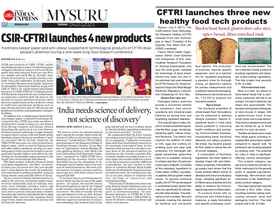 csircftri's tweet photo. 1/3. Thanks for the Press and media for extensive coverage of #OneWeekOneLab of @csircftri during 3-7th Jul 2023
@DrJitendraSingh
@DrNKalaiselvi
@CSIR_IND
@DC_Mysuru
@DrmMys
@PIBBengaluru
@PIB_India
#CSIR_OneWeekOneLab
#celebratingfoodresearch
#OWOL https://t.co/YPgcRDE5Nn