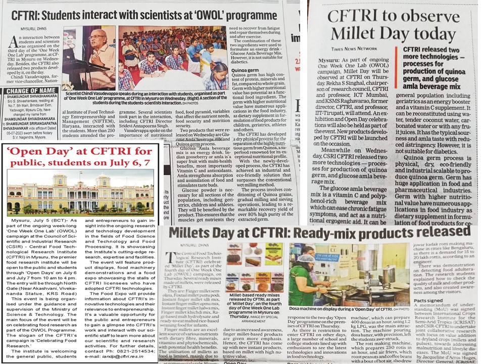 csircftri's tweet photo. 2/3. Thanks for the Press and media for extensive coverage of #OneWeekOneLab of @csircftri during 3-7th Jul 2023
@DrJitendraSingh
@DrNKalaiselvi
@CSIR_IND
@DC_Mysuru
@DrmMys
@PIBBengaluru
@PIB_India
#CSIR_OneWeekOneLab
#celebratingfoodresearch
#OWOL https://t.co/qDobfhX1uo