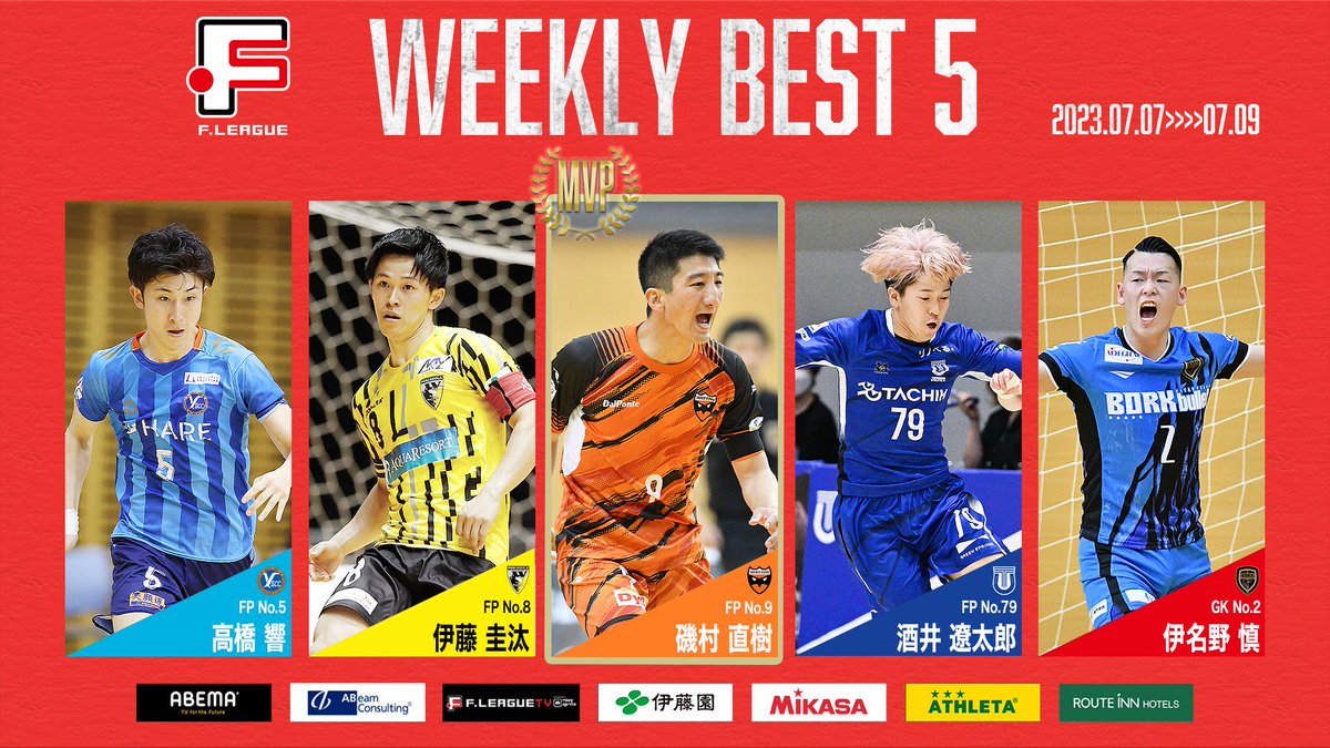 fleague_t's tweet photo. ◤◢◤ #Ｆリーグ週間ベスト5 ◢◤◢

🏆Ｆリーグ2023-2024ディビジョン１
📍第7節｜7.7-9

FP 磯村直樹｜大阪 👑MVP
FP 高橋響｜横浜
FP 伊藤圭汰｜町田
FP 酒井遼太郎｜立川
GK 伊名野慎｜北九州

#Ｆリーグ #フットサルに熱狂中
#ThanksRespect
選考協力：SAL
@sal2018_tweet https://t.co/JduHLukMYy