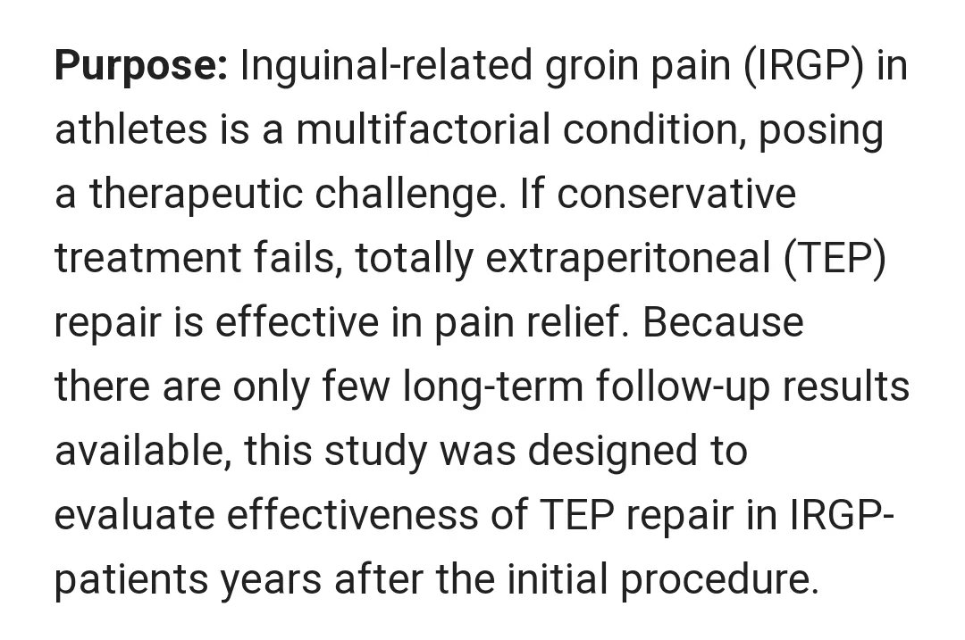 eurohernias's tweet photo. https://t.co/W6H0LC5lo9 Athletes treated for inguinal-related groin pain by #TEP repair: long-term benefits of a prospective cohort.

#ChronicPain #InguinalHernia #HerniaSurgery #AWSurgery #OpenAccess https://t.co/xP48w1P2gP