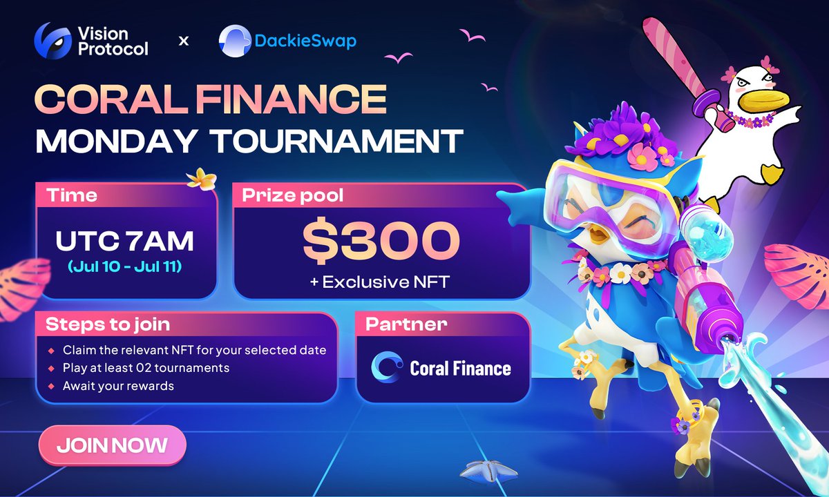 VisionProtocol's tweet image. 🌟 Back and ready to rock! Frens Summerfest is heating up again after a refreshing weekend break! 🎉
🪸 Hey @Coral_Finance community, it's time to claim NFT on galxe.com/visionprotocol… and experience the thrilling tournaments on Vision Protocol
Join Now: go.vp.xyz/coral