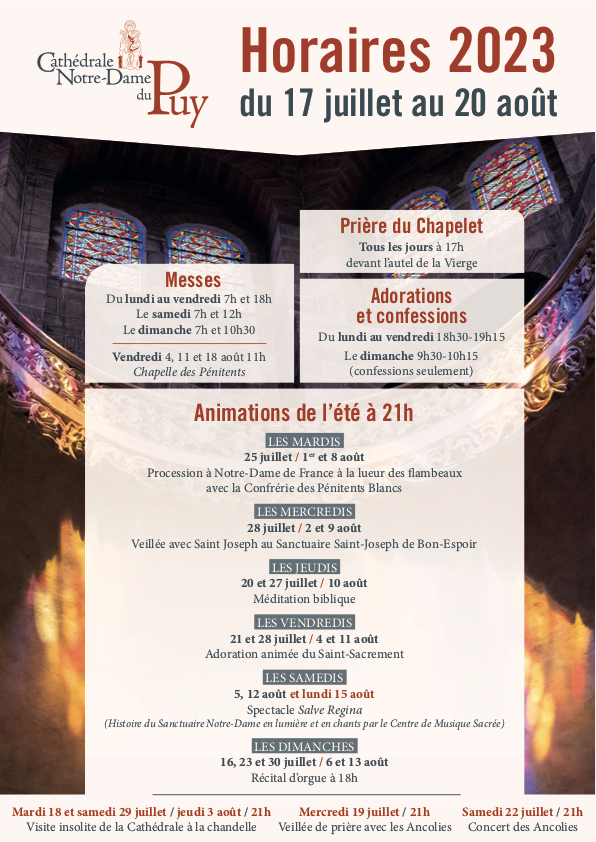 cathedraledupuy's tweet photo. Les #animations à venir à la cathédrale du Puy en Velay
21h
18/7 : Visite insolite de la Cathédrale à la chandelle
19/7 : Veillée de prière avec les Ancolies
20/7 : Méditation biblique
21/7 : Adoration animée du Saint-Sacrement
22/7 : concert des Ancolies
#LePuyEnVelay https://t.co/Ffxg4iUnKl