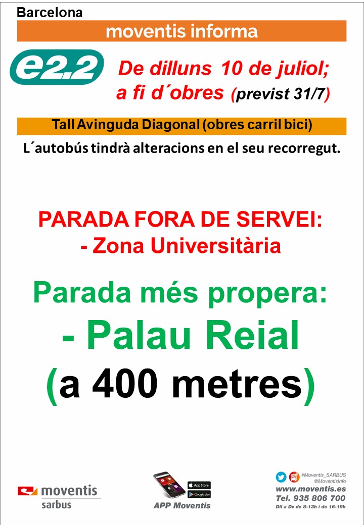 MoventisInfo's tweet photo. 🛑BARCELONA
📆De dilluns 10; a fi obres (carril bici) previst 31/7; la 🚍 #e2_2  de #Moventis_SARBUS canvia recorregut 🚧a l´Avinguda Diagonal.
📣nota amb 🚏anul.lada: Zona Universitària; i la més 👉propera: Palau Reial.

⚠️ Preveieu desplaçaments amb antelació. https://t.co/FjabJYXScW