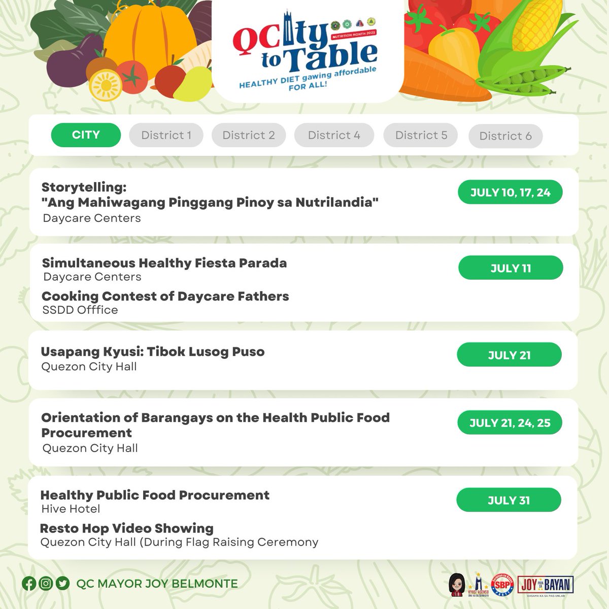 QCMayorJoy's tweet photo. ICYMI: Narito ang mga aktibidad na hinanda ng inyong lokal na pamahalaan para sa pagdiriwang ng Nutrition Month ngayong buwan ng Hulyo.

Have a healthy month, QCitizens!

#JoyParaSaBayan #SerbisyoSaBayan #KasamaKaSaPagUnlad #SerbisyoSaBayan https://t.co/0VBsYc2b1y
