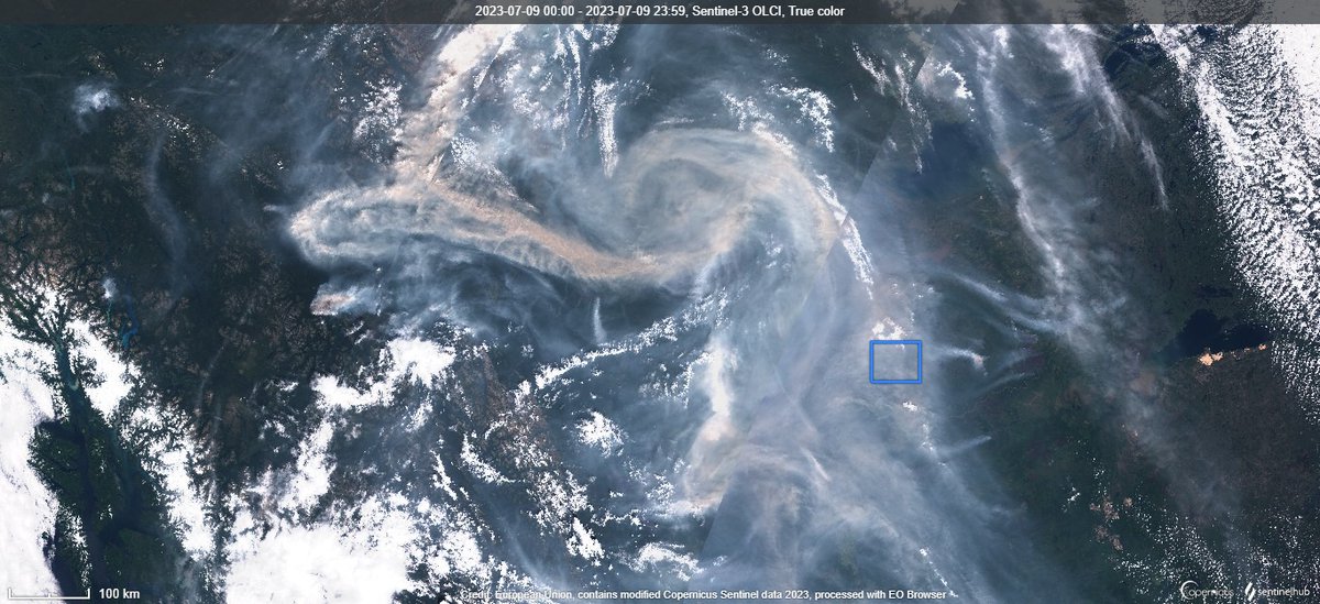 #wildfires 🇨🇦 Smoke over Alberta captured by Sentinel-3 OLCI on 9-Jul-23. Small blue box shows area of out of control fire HW124 - about 90 km on side. (Data <a href="/sentinel_hub/">Sentinel Hub</a>, <a href="/CopernicusEU/">Copernicus EU</a>. <a href="/ESA_EO/">ESA Earth Observation</a>)