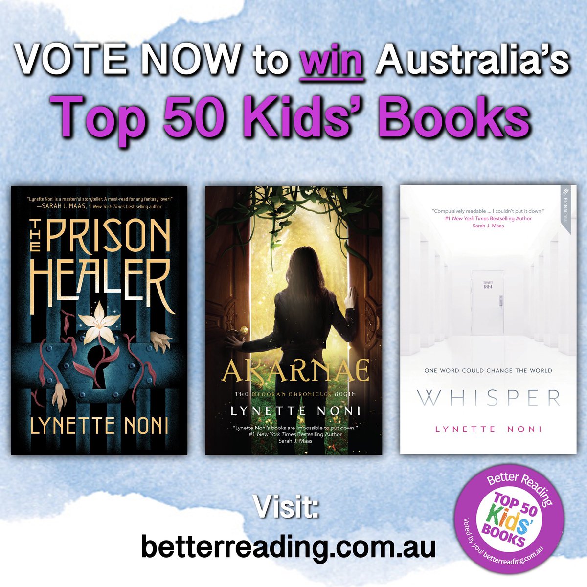 Hey guys! I would so love if you could spare a moment to vote for your favourite kids/YA book for the 2023 Top 50 list for @betterreadingau! Anyone who votes goes in the draw to win ‼️ALL 50‼️ of the top books, which is an amazing prize! 😍 Link: betterreading.com.au/news/vote-now-…