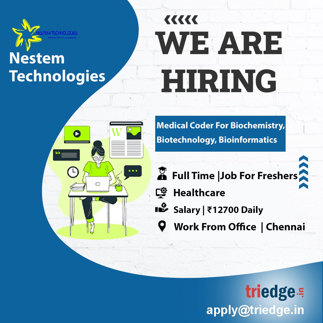 Triedge_in's tweet image. Nestem Technologies is hiring freshers for Maedical Coder For Biochemistry, Biotechnology, Bioinformatics role.
Interested candidates may send their resumes at apply@triedge.in.
#hiring #medicalcoder #internship #triedge