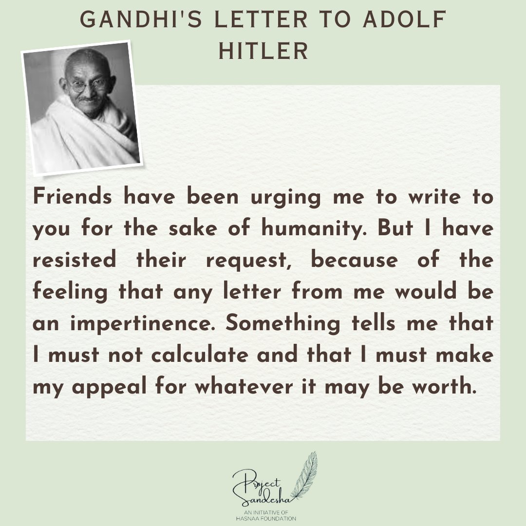 ProjectSandesha's tweet photo. Mahatma Gandhi wrote a letter to Adolf Hitler on July 23, 1939. Here is what it said.
#ProjectSandesha #HasnaaFoundation #DaakGharKeKisse #HistoryInLetters
#germany #Gandhi #mahatmagandhi #adolfhi̇tler #worldwar2 #worldwarhistory https://t.co/AmEQdvta84